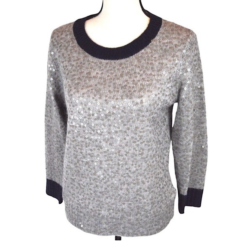 J Crew Wool/Mohair Italian Yarn Blend Crew Neck Soft Gray Sequin Sweater